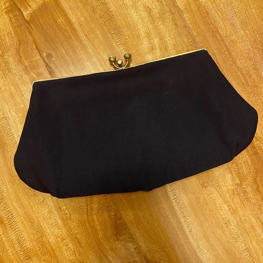 Vintage MM Black Clutch Rhinestone Clasp 1950's Glamour Excellent Condition
